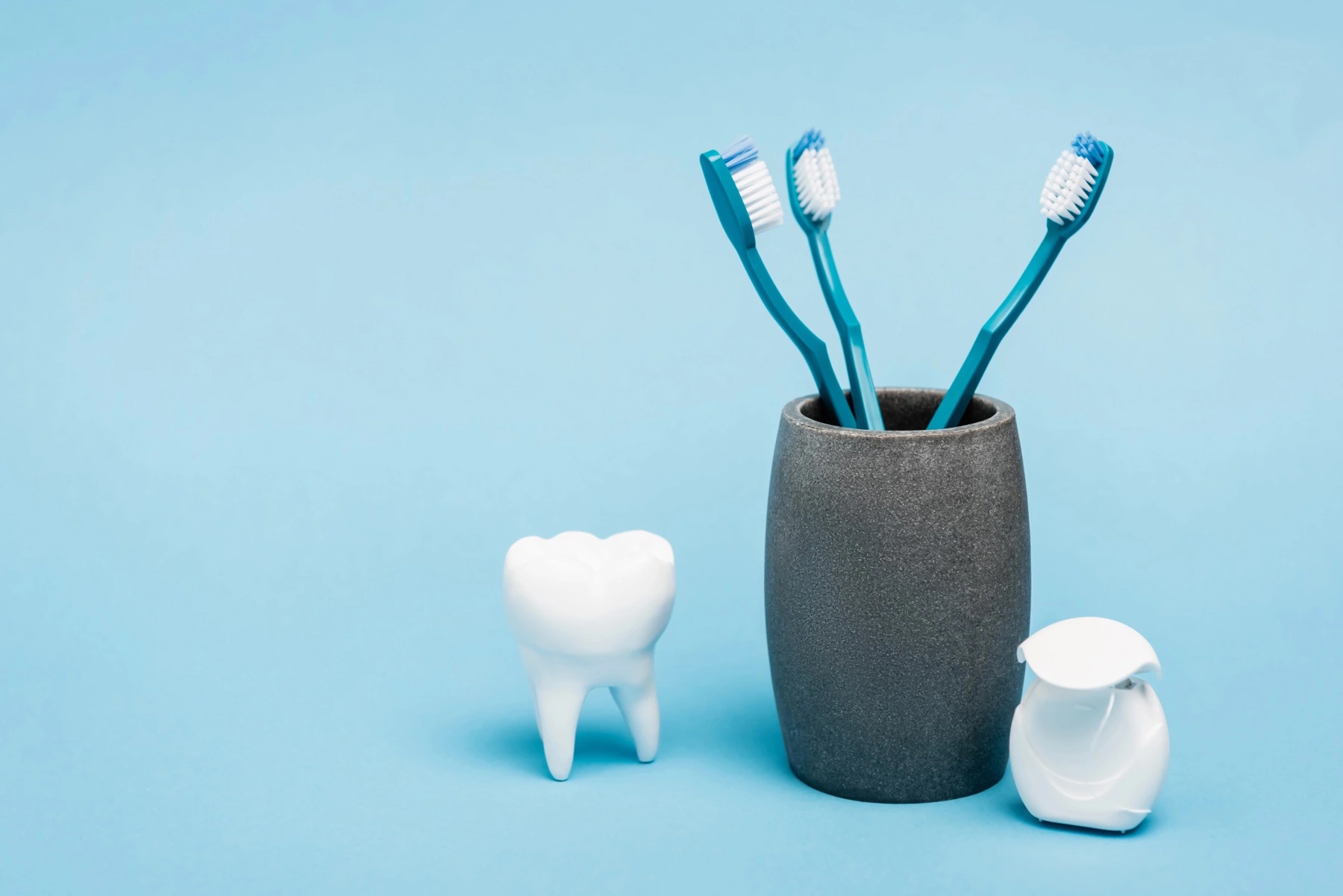 Toothbrushes, floss and a tooth model, illustrating everyday oral care.